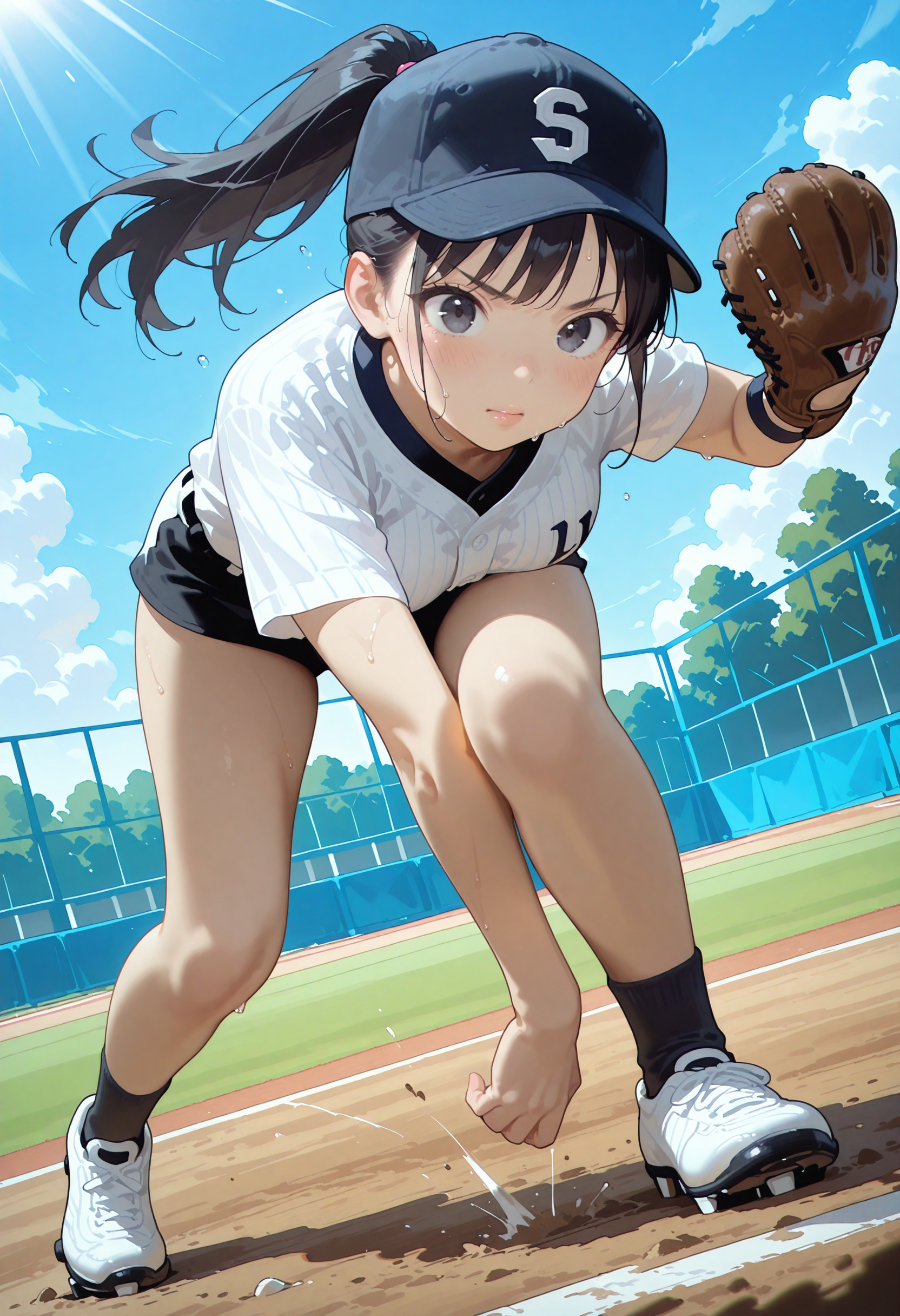 野球女子ピッチャーの投球シーンのAIイラスト。