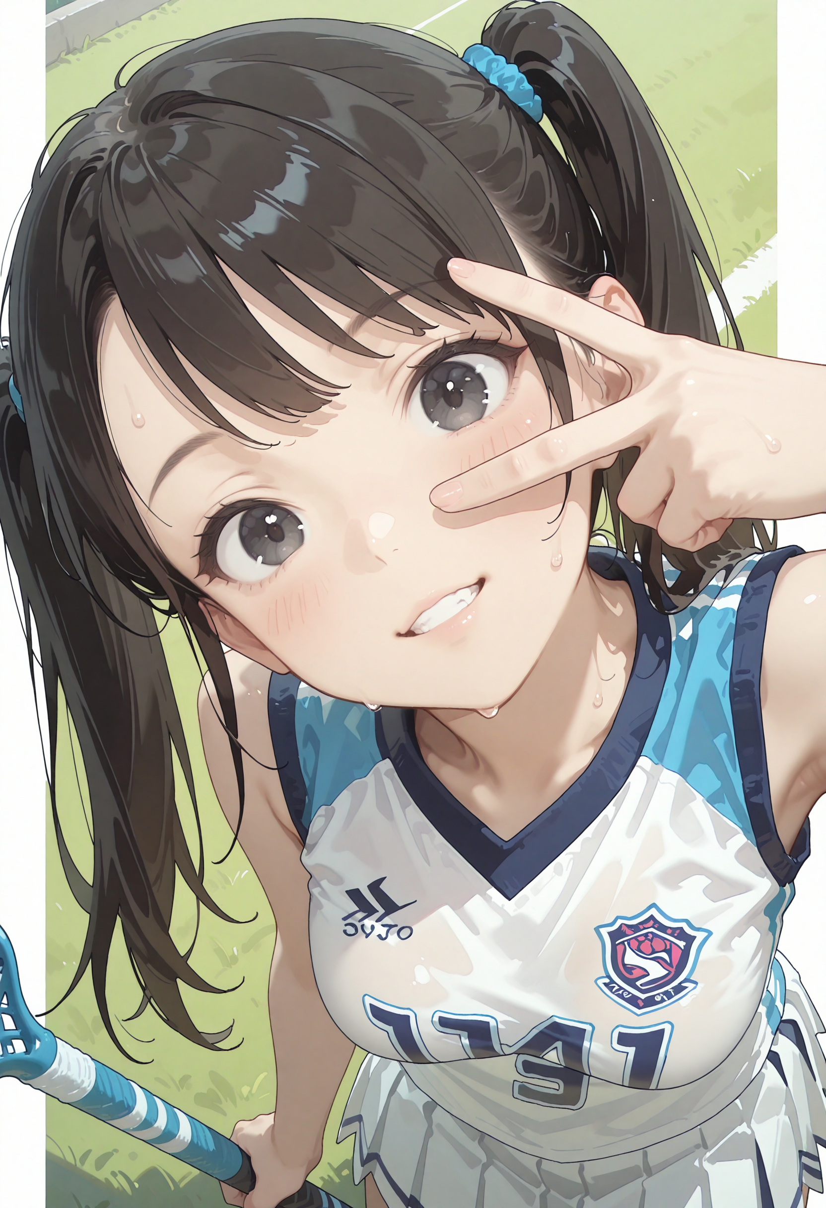 笑顔でピースするツインテールのラクロス選手